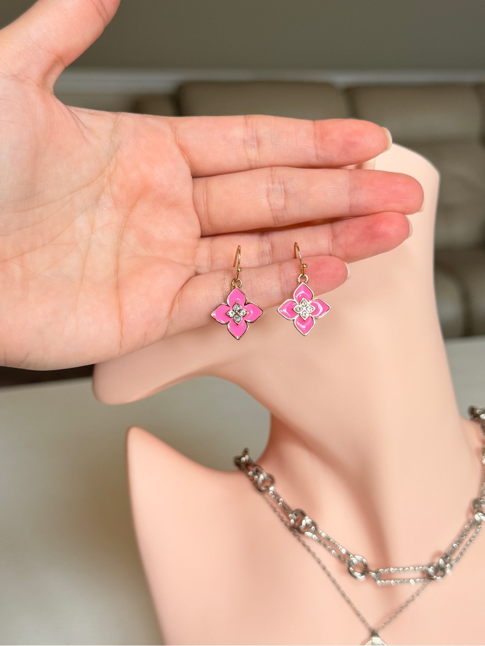 Gold Pink Enamel Flower Drop Earrings with CZ - Picture 9 of 12